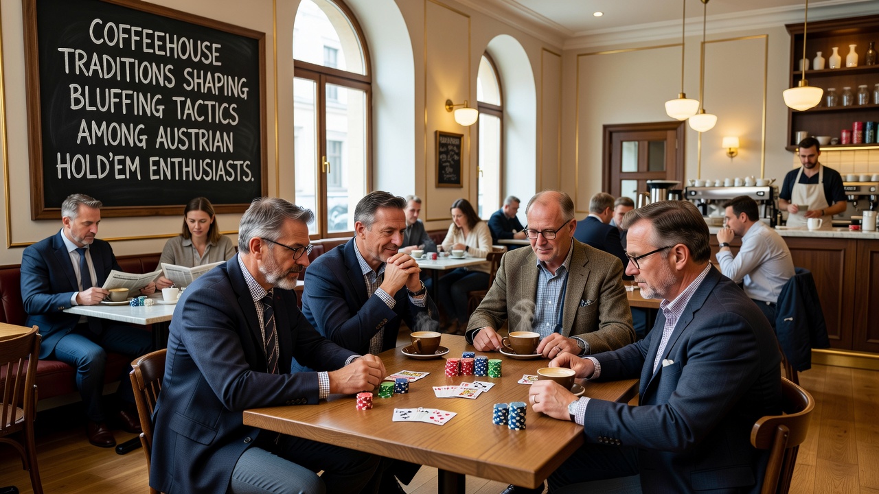 Group of Austrian poker players analyzing hands in a modern club setting with coffeehouse-style ambiance