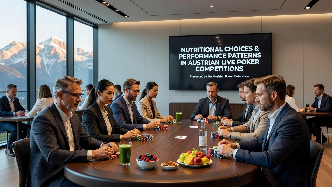 Players reviewing meal options and hydration stations at an Austrian live poker venue