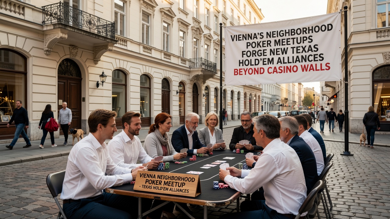 Players discussing hand strategies during a break at a Vienna neighborhood poker gathering
